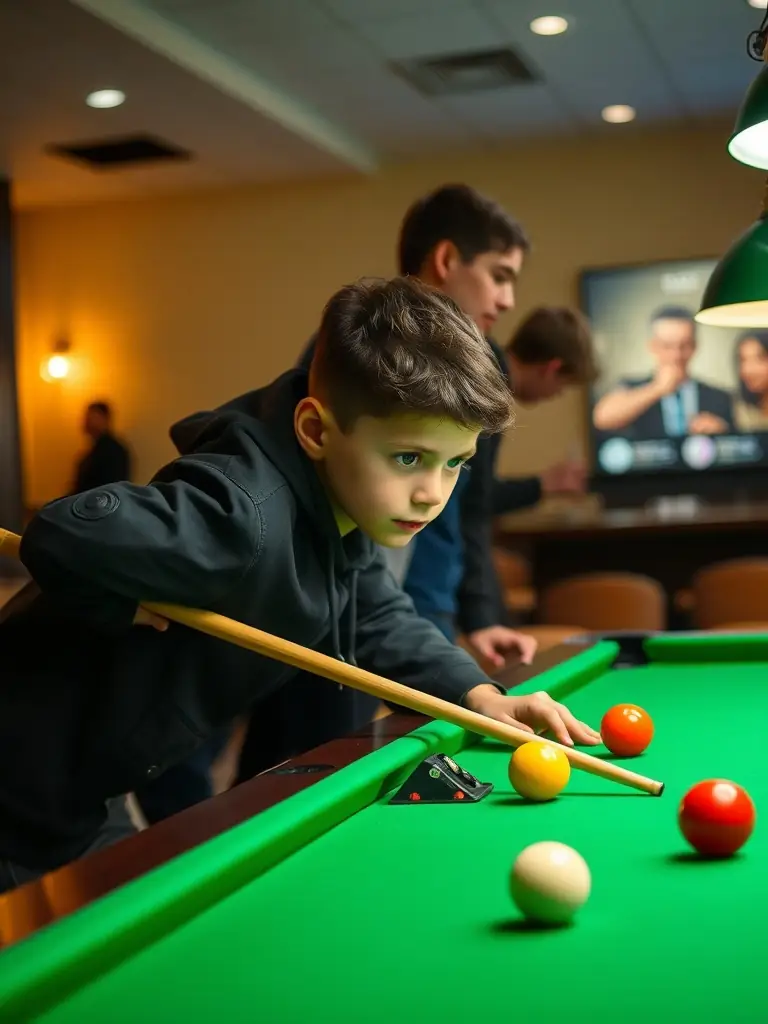 A focused young member practicing billiards under the guidance of a coach at BCB BILLARD CLUB BAIGNOIS, showcasing personalized training.