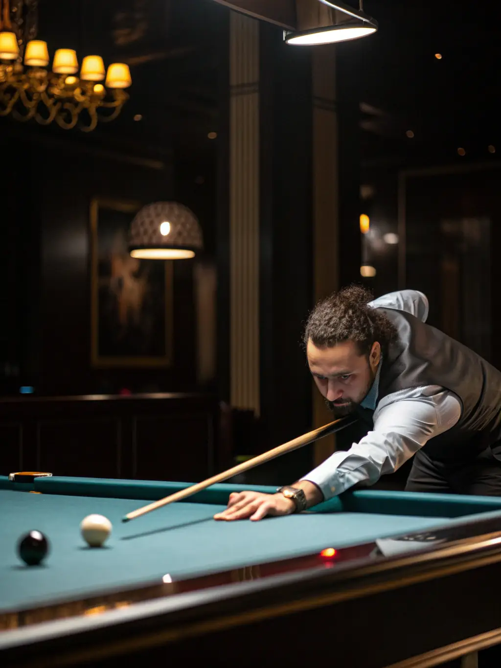 A focused young man practicing his stance and precision during a French billiards training session at BCB BILLARD CLUB BAIGNOIS, showcasing the dedication and skill development fostered by the club.