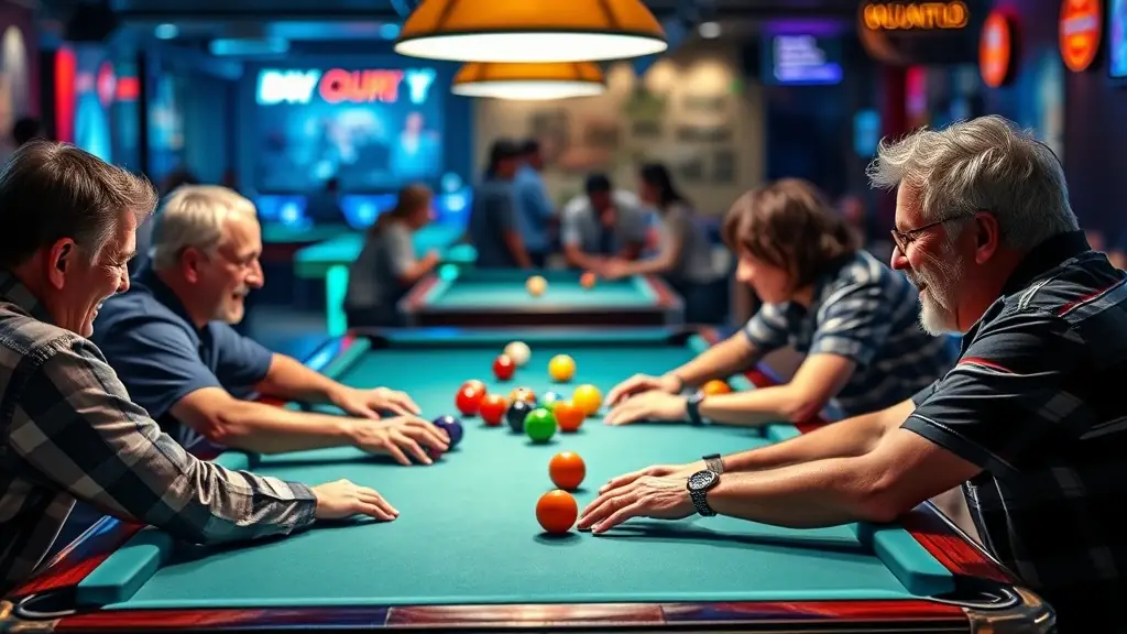 A group of BCB BILLARD CLUB BAIGNOIS members practicing billiards in a well-lit, friendly environment.