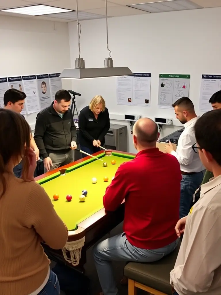 An experienced coach providing personalized instruction to a member at BCB BILLARD CLUB BAIGNOIS, highlighting the club's commitment to individual player development and skill enhancement.