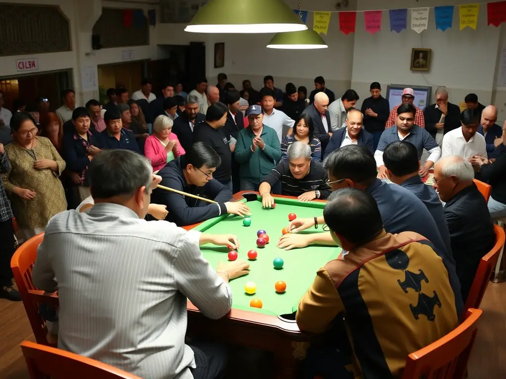 A photograph of a diverse group of club members participating in a friendly billiards tournament, highlighting the social aspect of the club.