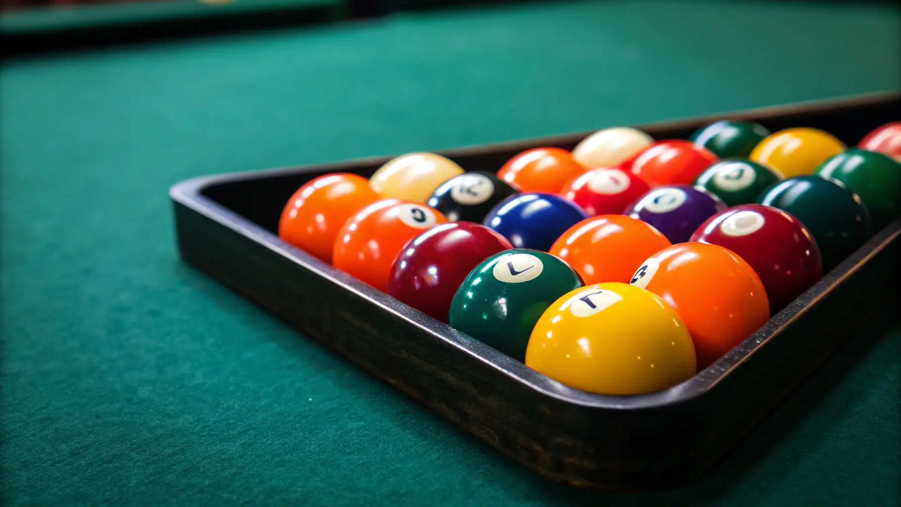 A close-up shot of a billiards table with balls arranged for a practice drill, highlighting the precision and skill involved in the sport.